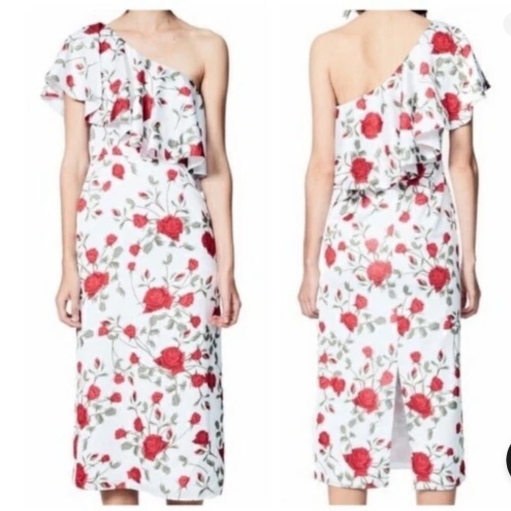 Fame and Partners Briar Rose White Red Floral One Shoulder Dress Ruffle US 8 NWT